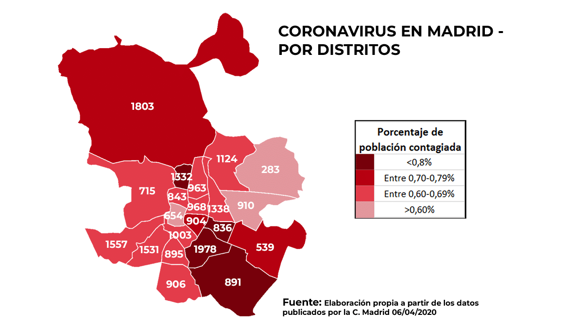Mapa por distritos de número de infectados en Madrid. Elab: Pedro Nicolás