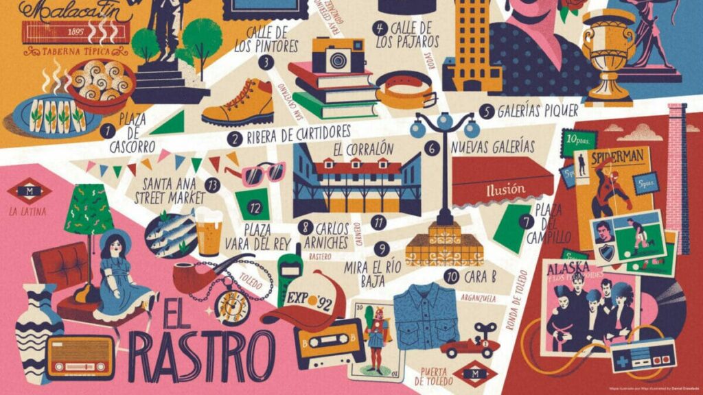 Mapa cultural ilustrado de El Rastro de ruta por Madrid